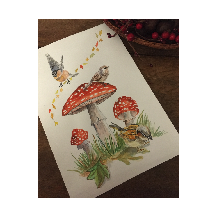 Impression Illustration Champignon et Oiseaux